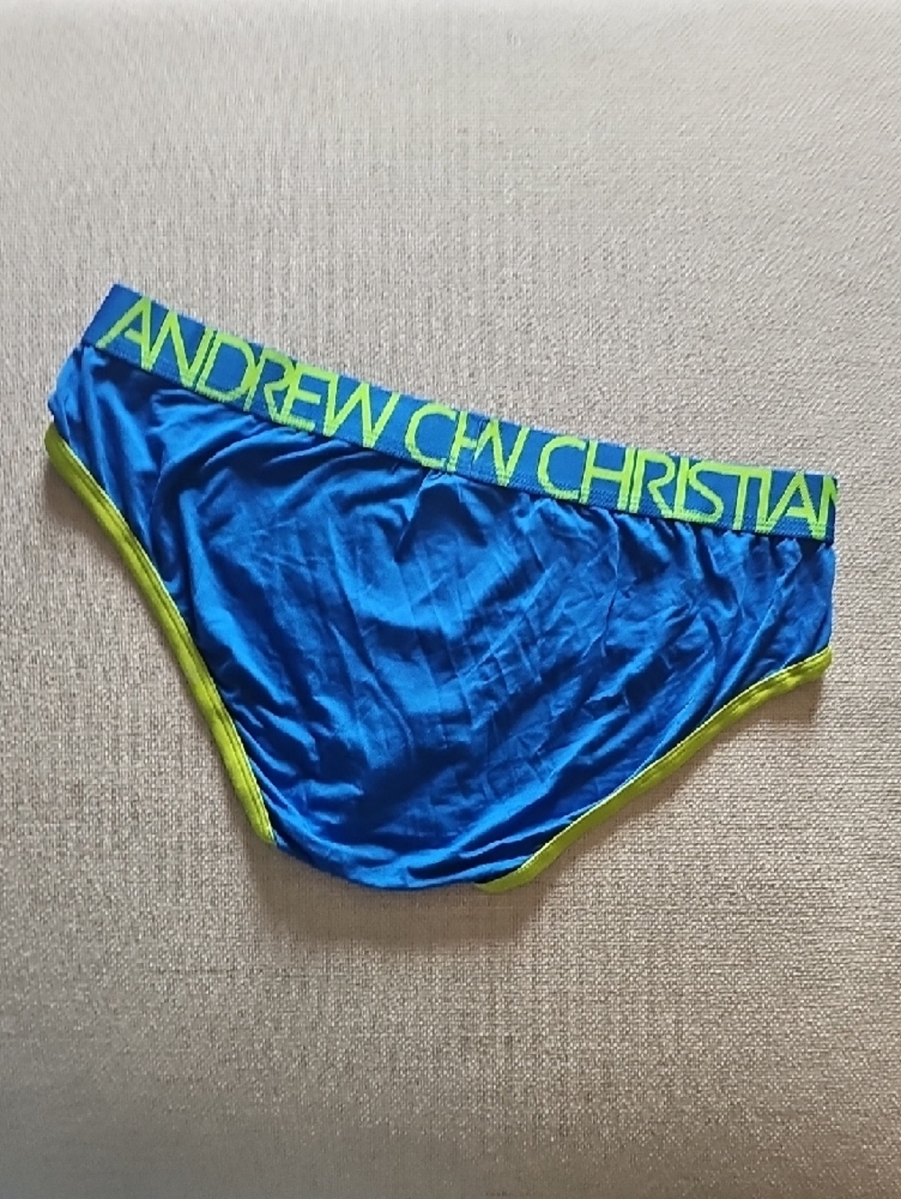 Andrew Christian Blue Swim Brief with Neon Green Trim - Picture 3 of 3